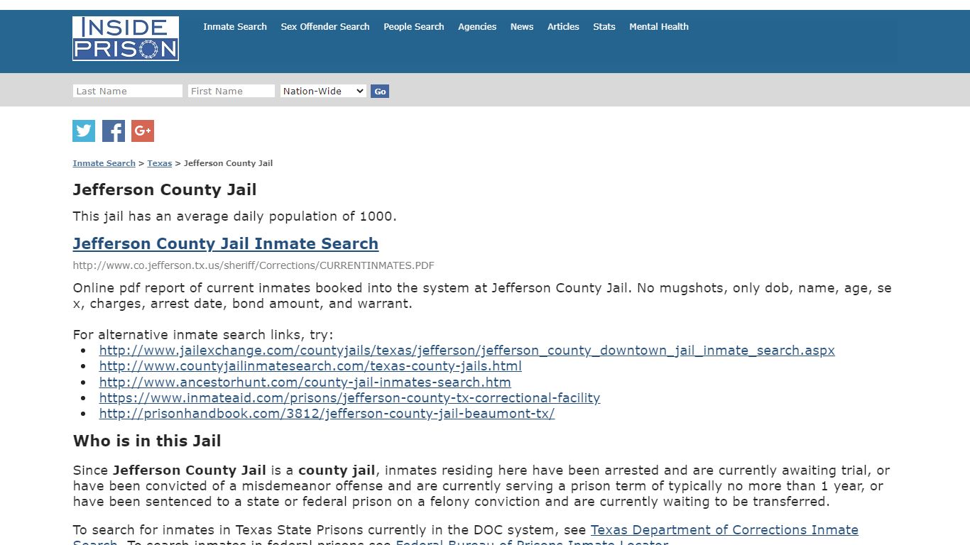 Jefferson County Jail - Texas - Inmate Search - Inside Prison